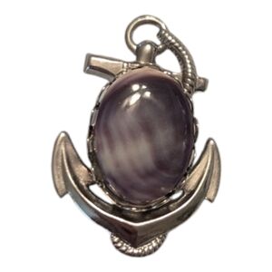 Unisex Vintage Anchor Silver Tone Purple & White Banded Agate Stone Pin Brooch